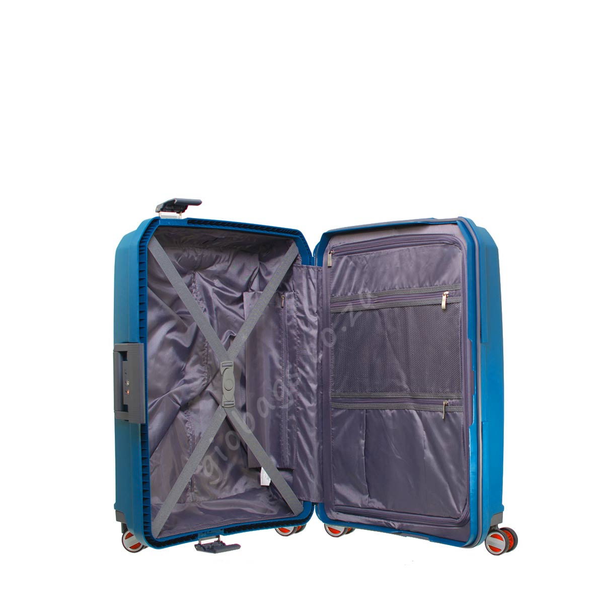 Open blue suitcase with wheels and telescoping handle, displaying empty interior with grey lining and straps, on a white background.