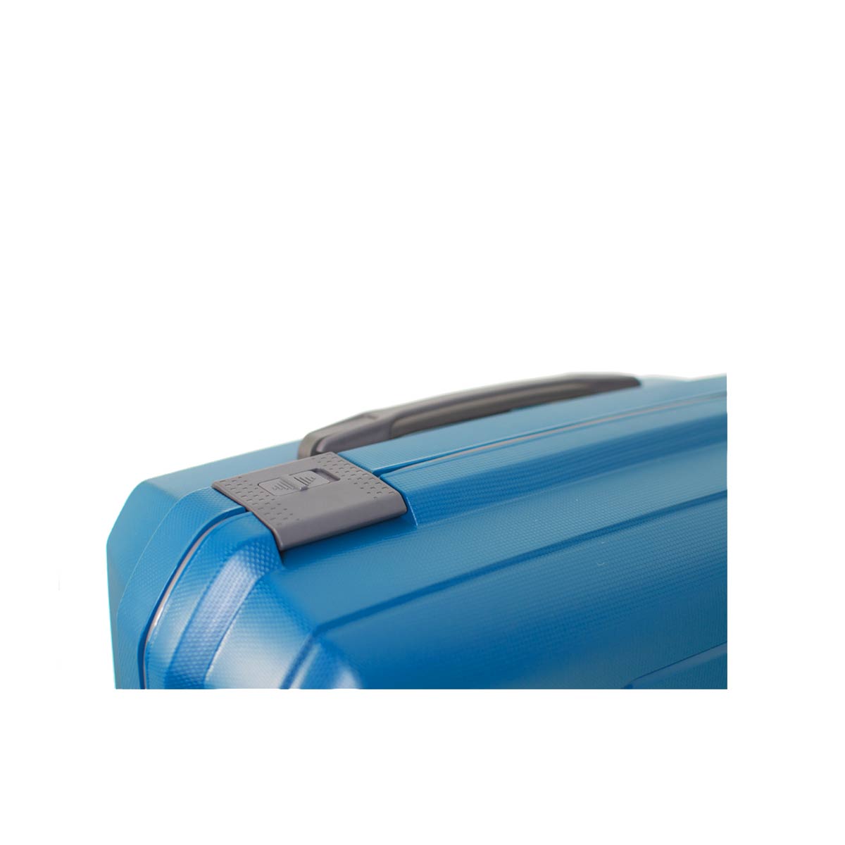 A partial view of a blue suitcase featuring a combination lock and a retractable handle, against a white background.