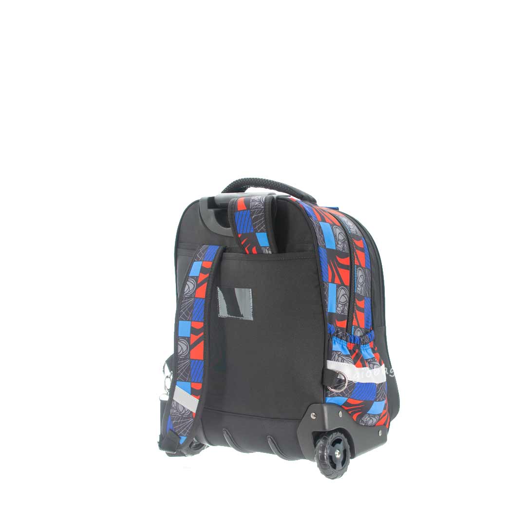 A stylish black rolling backpack featuring vibrant red, blue, and gray patterned straps, suitable for school or travel.