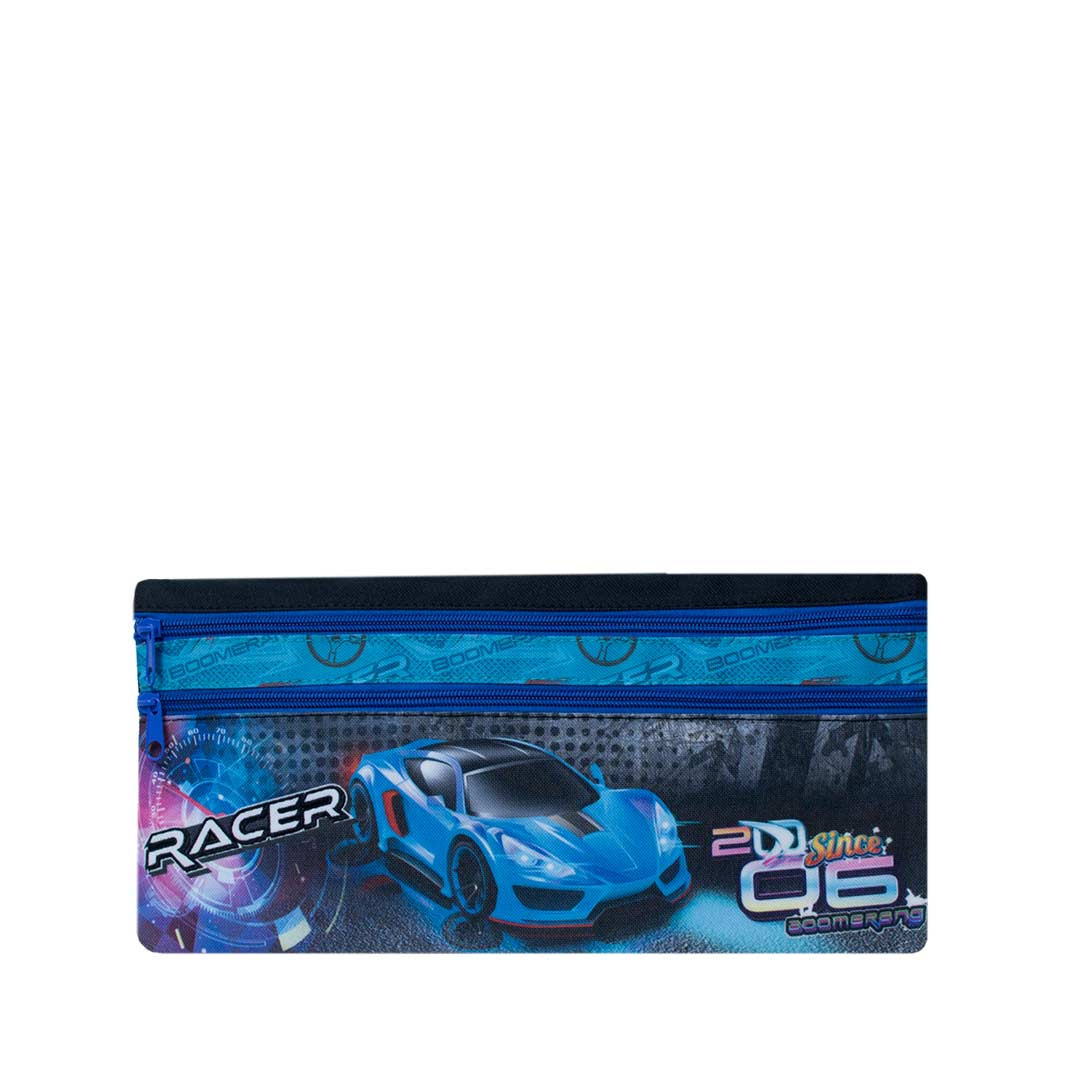 A blue Boomerang 34cm Pencil Case | Racer featuring a sporty car design, two zippered compartments, and vibrant graphics.