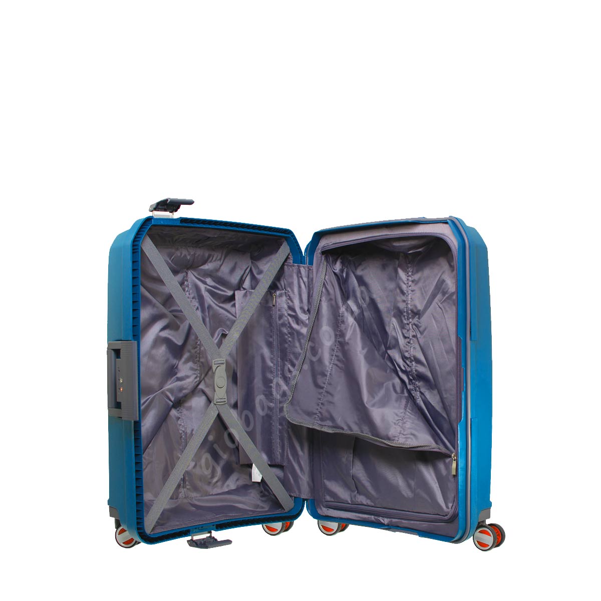 An open, empty blue suitcase with a grey interior, expandable sides, and a built-in combination lock, standing upright on four red and silver spinner wheels, isolated on a white background.