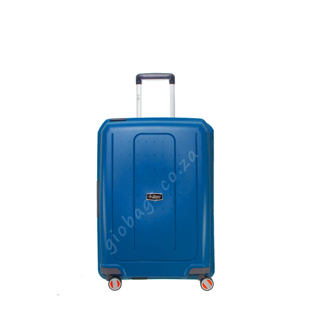 A blue upright rolling suitcase with an extended handle, against a white background.