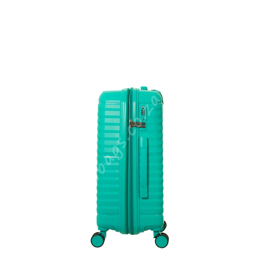 A vertical image of a closed bright turquoise suitcase with wheels on a white background.