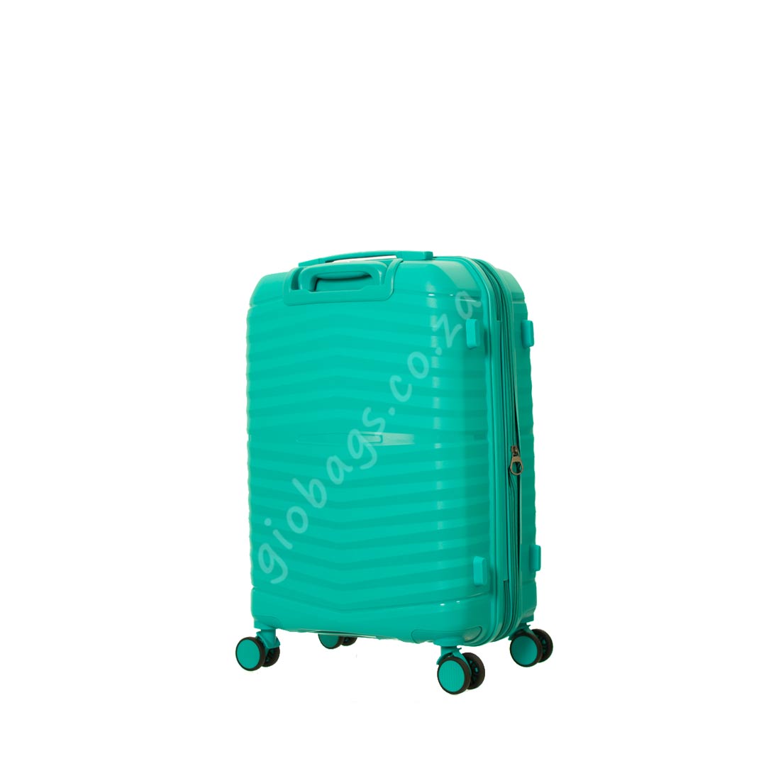 A teal-colored hard shell suitcase with four wheels and extended handle, displayed against a white background