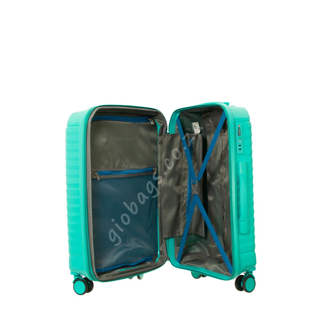 A turquoise hardshell suitcase with wheels, partially open to show the empty interior and compartments, isolated on a white background.