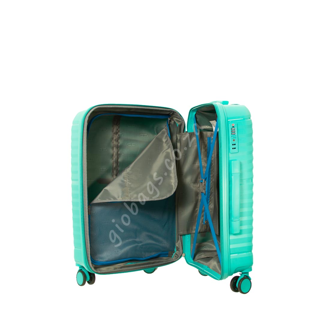 A hard shell turquoise suitcase with wheels, open to reveal the empty interior compartments, on a white background.