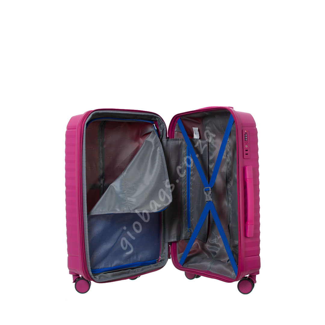 A pink hard-shell suitcase with wheels open to reveal the interior, isolated against a white background.