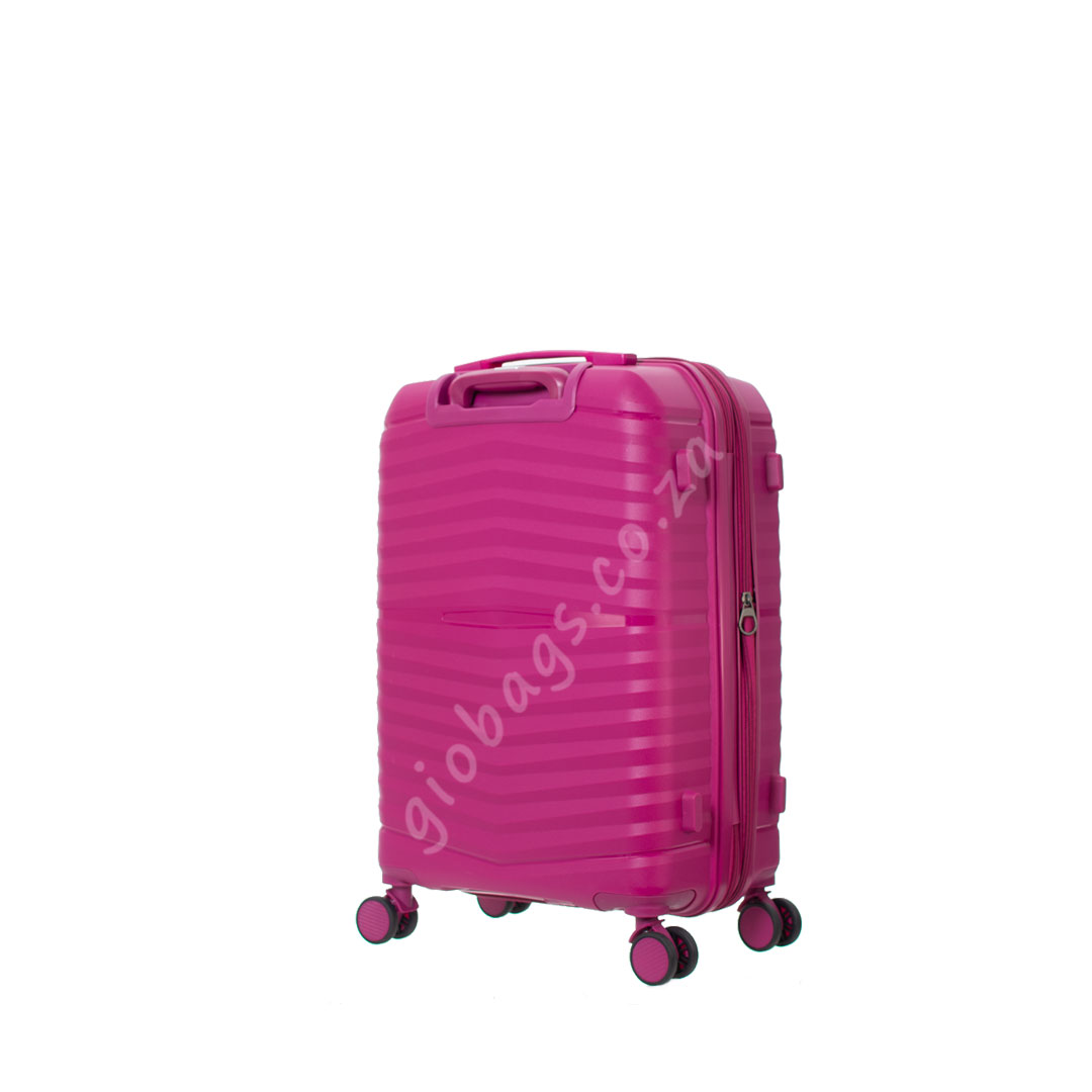 A vibrant pink hard shell suitcase with wheels and extended handle, isolated on a white background.
