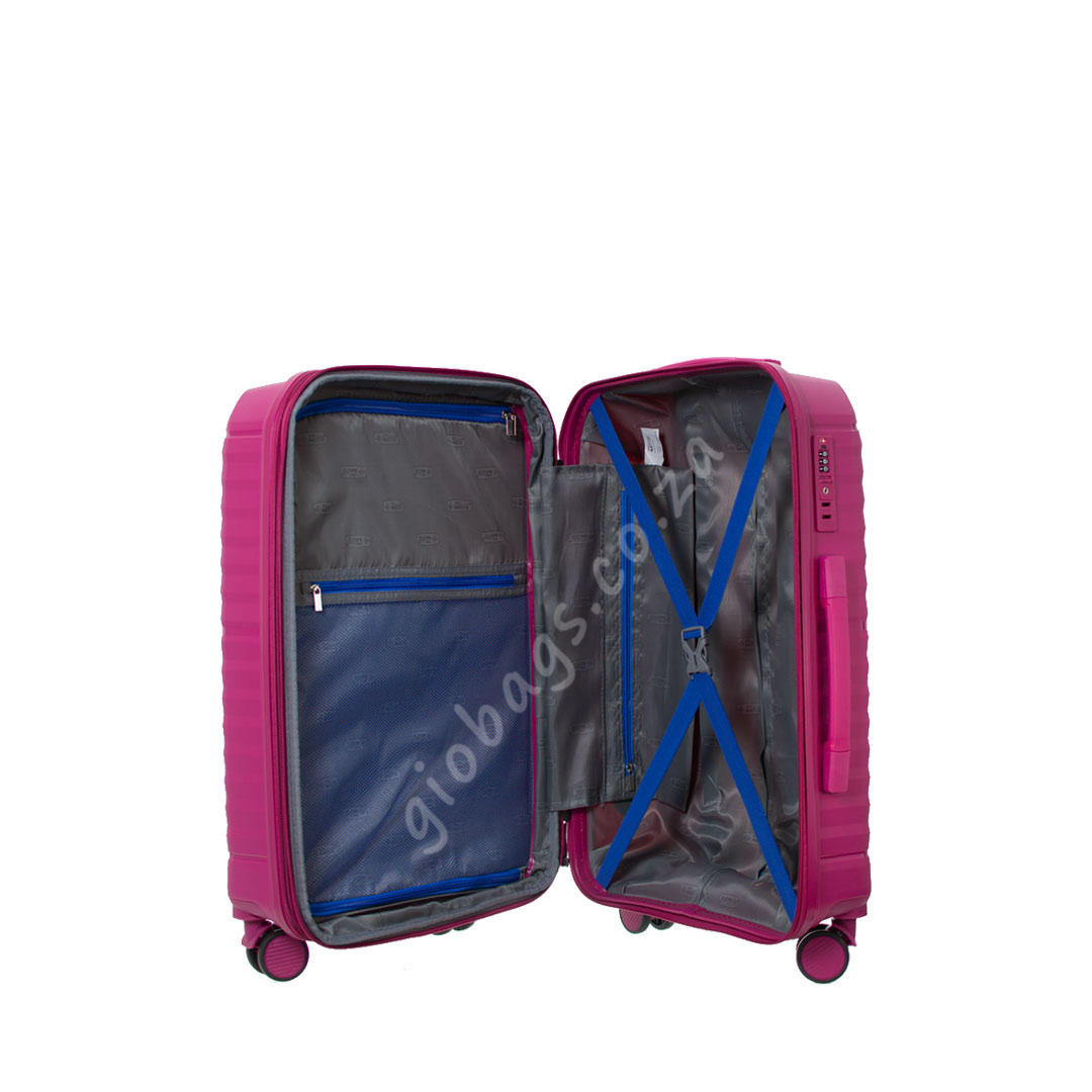 An open, empty pink hard shell suitcase with multiple compartments, displayed on a white background.