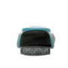 Interior view of a stylish gray bag with blue accents, showcasing multiple compartments and a spacious opening.