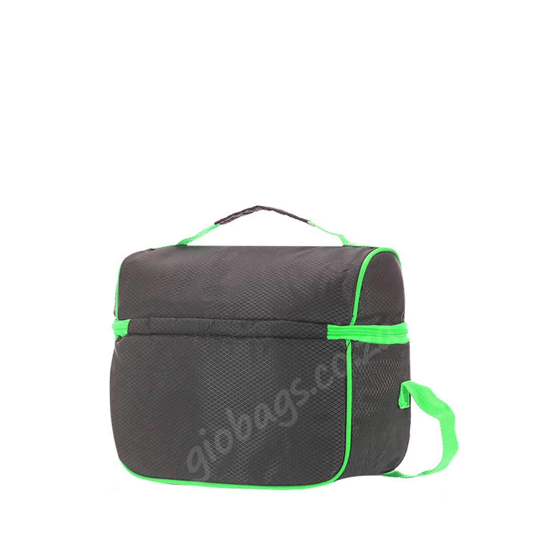 A black insulated lunch bag with vibrant green accents and a convenient handle, designed for easy transport and keeping food fresh.