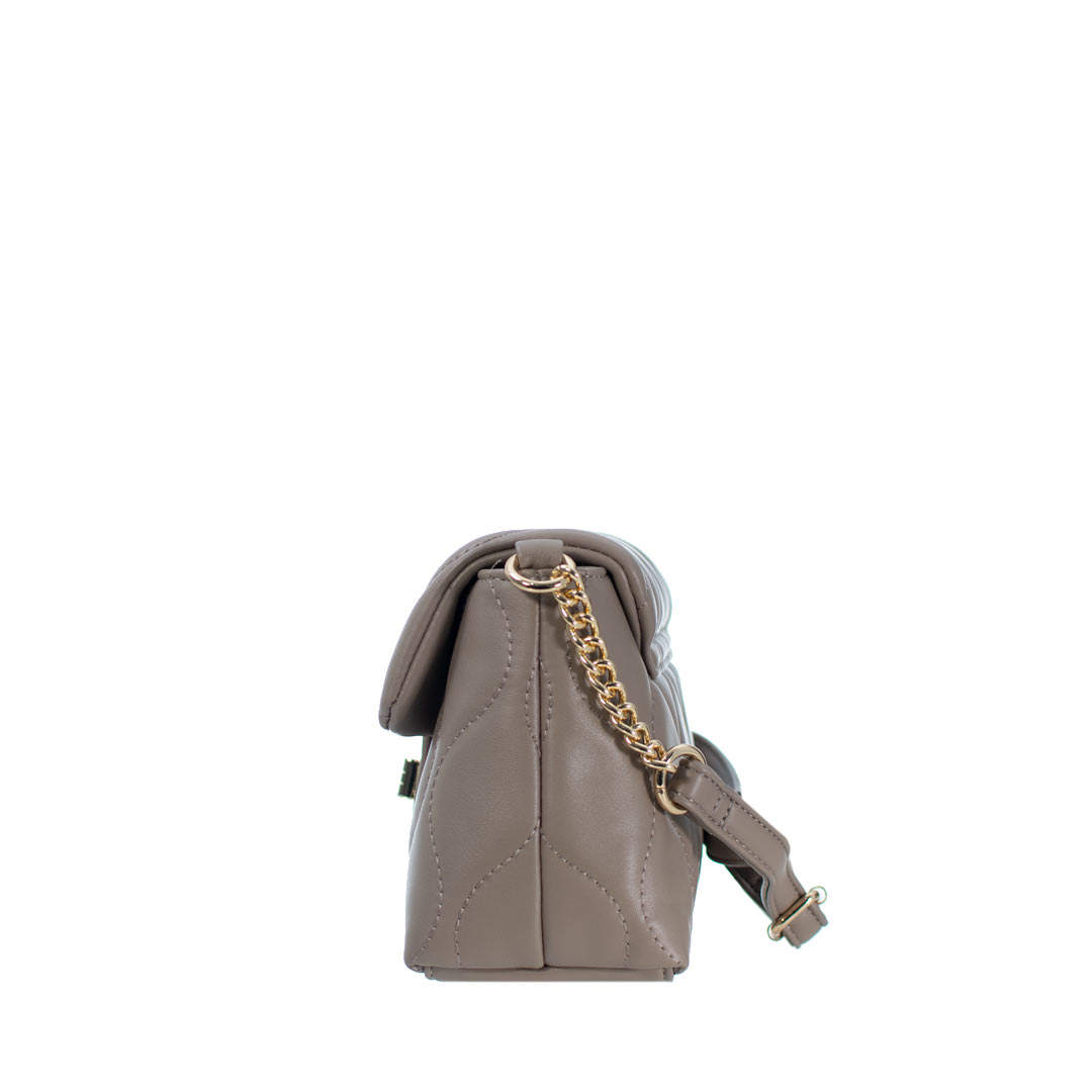 A chic shoulder bag featuring a gold chain strap, displayed from the side to highlight its elegant design and stitching details.