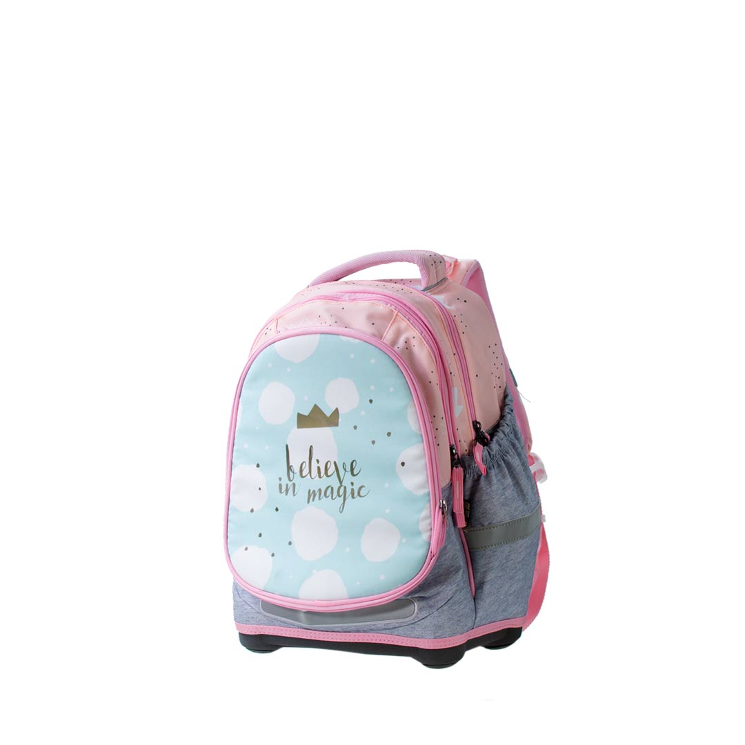 A stylish backpack featuring a light blue design with white polka dots and the phrase "believe in magic," accented with pink and gray elements.
