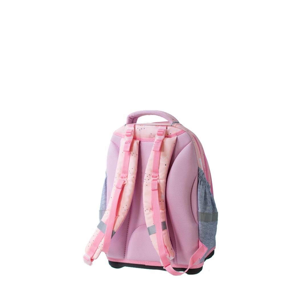 A fashionable pink backpack with padded straps and gray accents, designed for comfort and style.