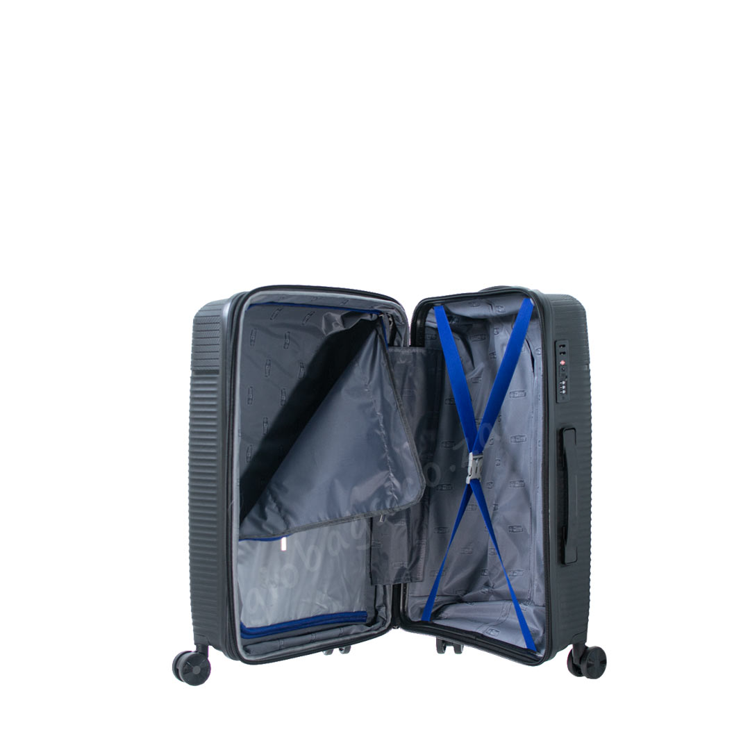 Travel Suitcase::A black suitcase with an open zipper, showcasing its interior compartments and blue straps for securing contents.