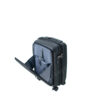 A black suitcase with an open compartment revealing a gray lining and organizational pockets.