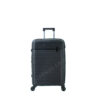 Front view of a sleek black carry-on suitcase with a textured surface and retractable handle.