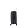 A side view of a sleek black hardshell suitcase with a telescoping handle and four wheels.