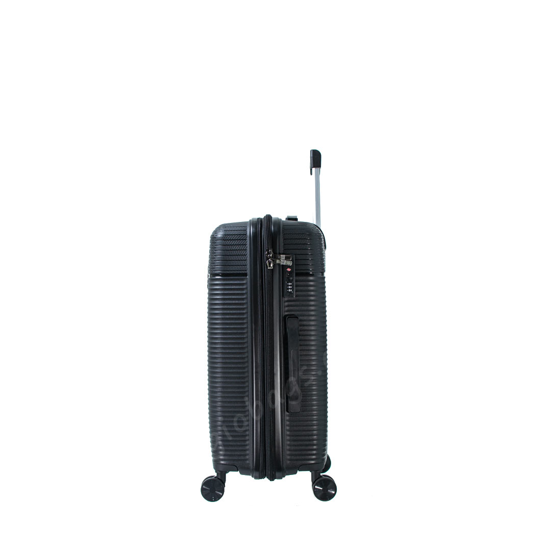 A side view of a sleek black hardshell suitcase with a telescoping handle and four wheels.