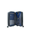 Open suitcase with compartments and straps for organized packing, featuring a sleek gray exterior.