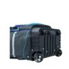 A stylish blue and gray wheeled suitcase showcasing robust wheels