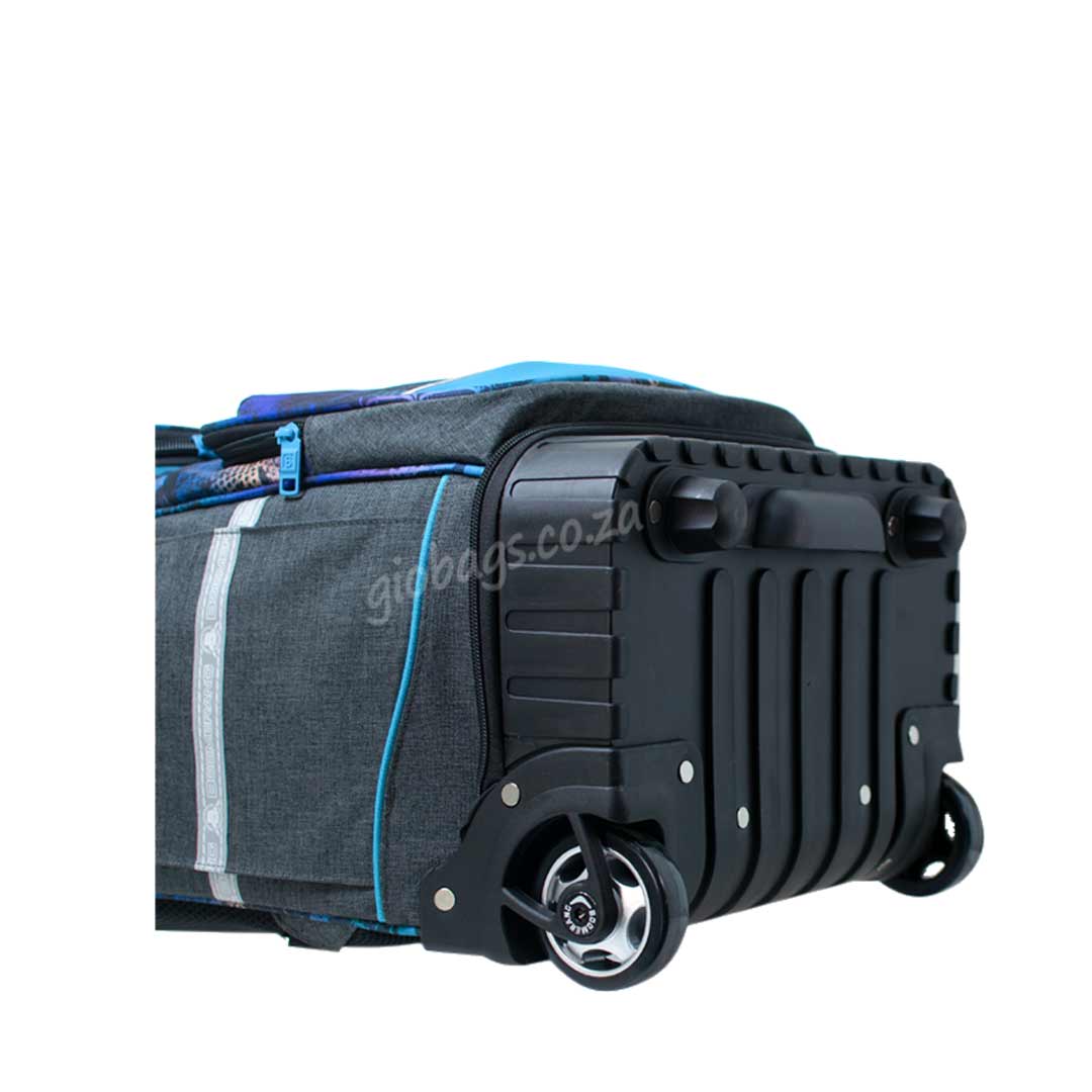 A stylish blue and gray wheeled suitcase showcasing robust wheels