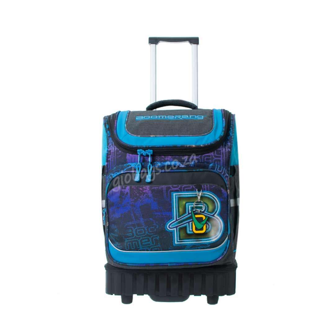 Boomerang Legend Extra Large School Trolley Bag, blue and green, featuring a distinctive "B" logo and a retractable handle for easy transport