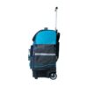 A sleek, side view of a blue and gray rolling backpack featuring a telescopic handle and multiple compartments.