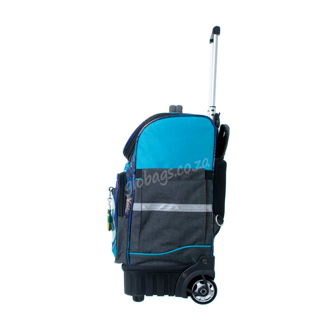 A sleek, side view of a blue and gray rolling backpack featuring a telescopic handle and multiple compartments.
