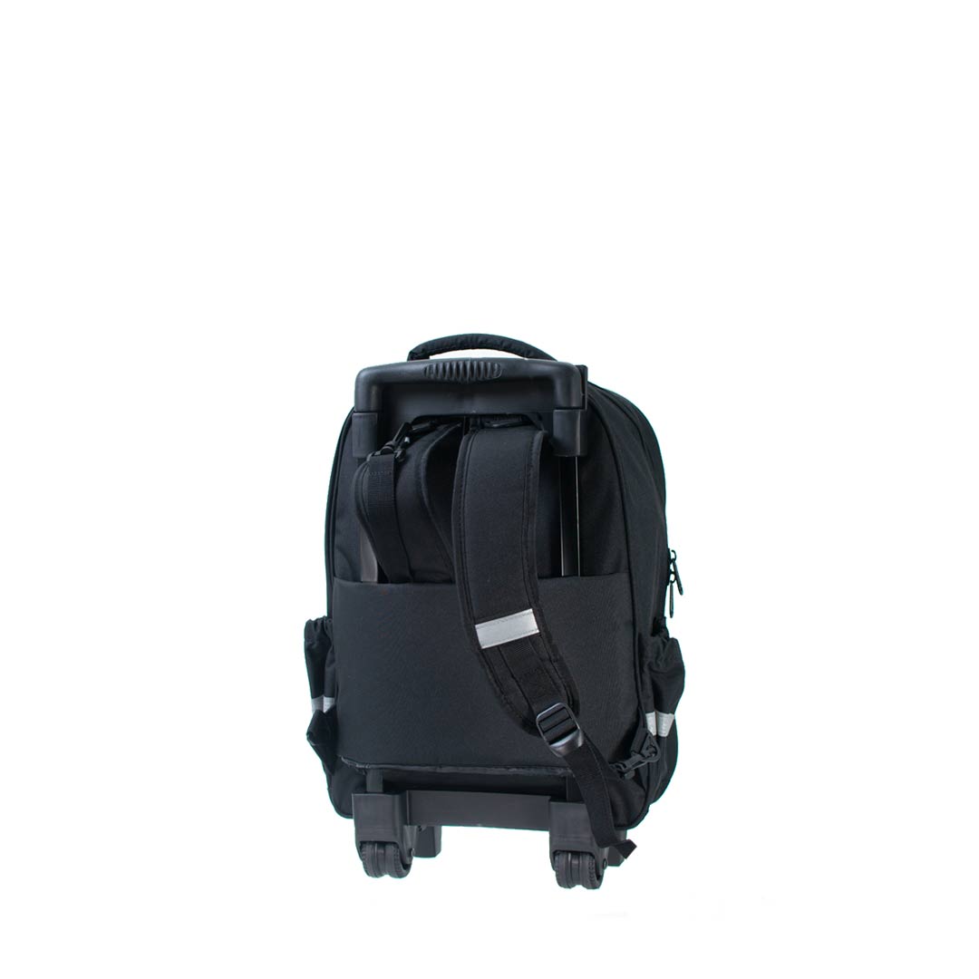 A black rolling backpack featuring wheels and adjustable shoulder straps, designed for convenience and easy transport.