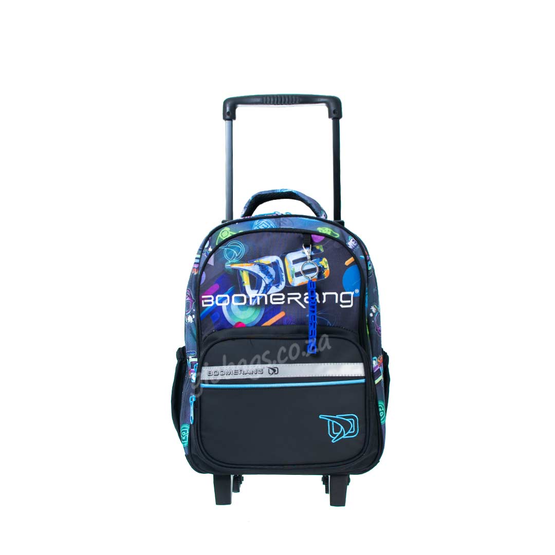 Boomerang Small School Trolley Bag backpack featuring vibrant designs and sturdy wheels, perfect for children on the go.