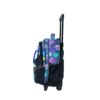 A side view of a vibrant rolling backpack featuring gaming-themed designs, including controllers and consoles, with a retractable handle and wheels.