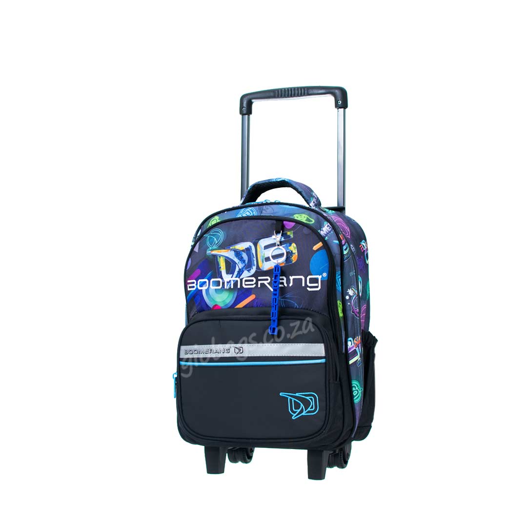 Boomerang Small School Trolley Bag backpack featuring vibrant designs and sturdy wheels, perfect for children on the go.