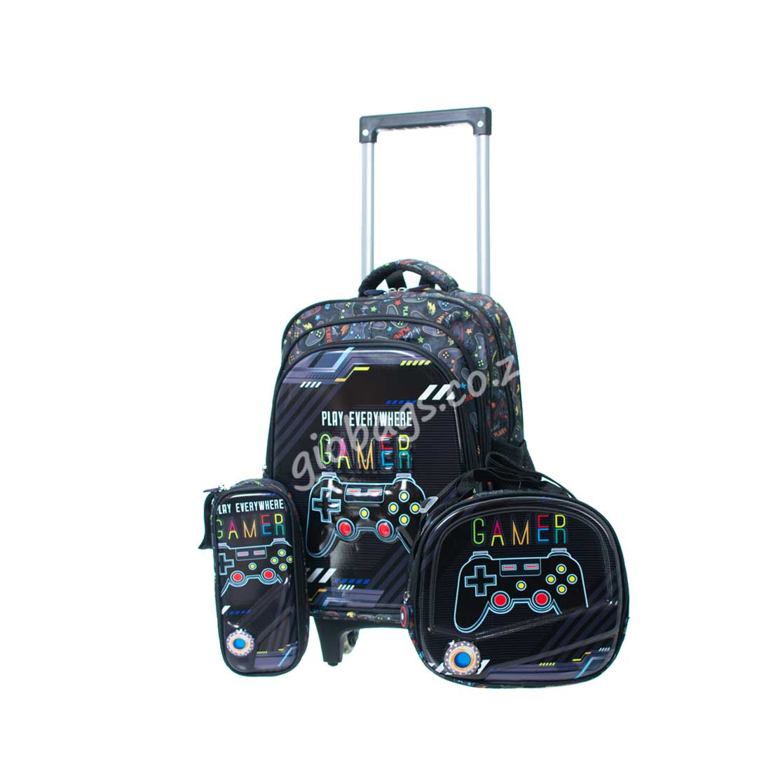 Gamer Travel Set:::@ A stylish black rolling suitcase with matching accessory bags, featuring colorful gaming controller designs and the text "PLAY EVERYWHERE GAMER."