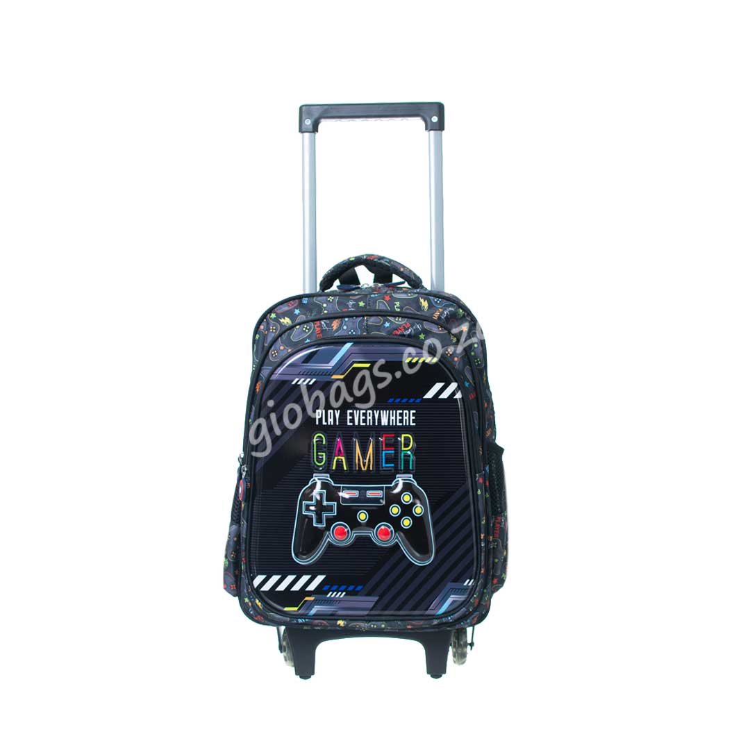 A colorful rolling backpack featuring gaming graphics and the text "Play Everywhere Gamer" with a game controller design.