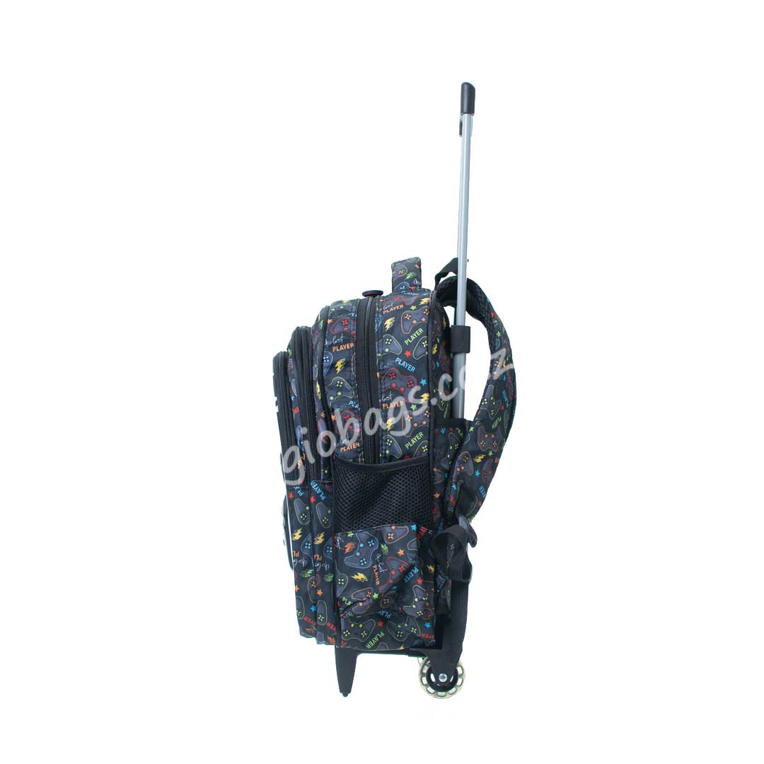 Side view of a vibrant rolling backpack featuring gaming-themed designs and a retractable handle for easy transport.