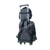 A colorful rolling backpack featuring a gaming-themed design, equipped with a retractable handle and wheels for easy transport.