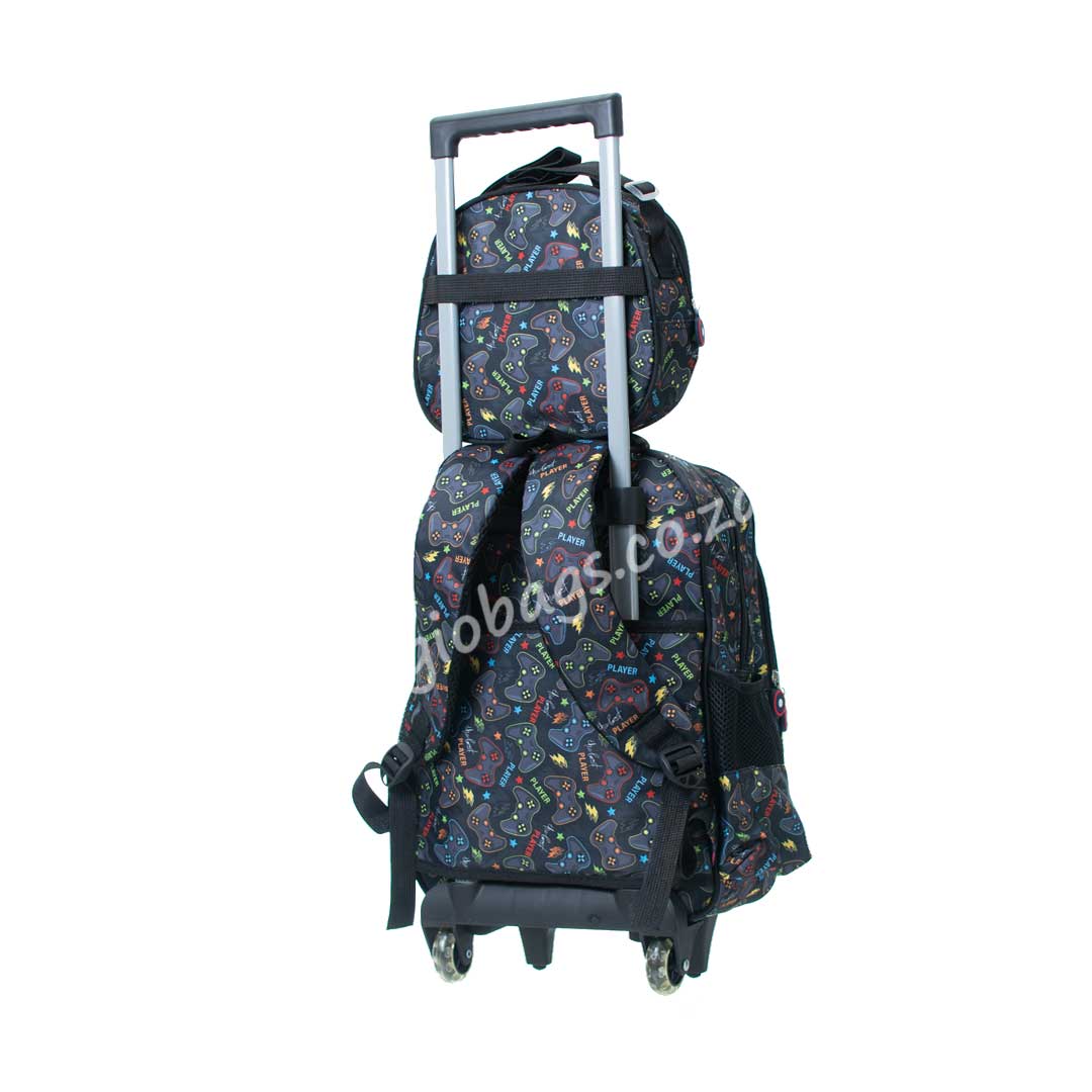 A colorful rolling backpack featuring a gaming-themed design, equipped with a retractable handle and wheels for easy transport.