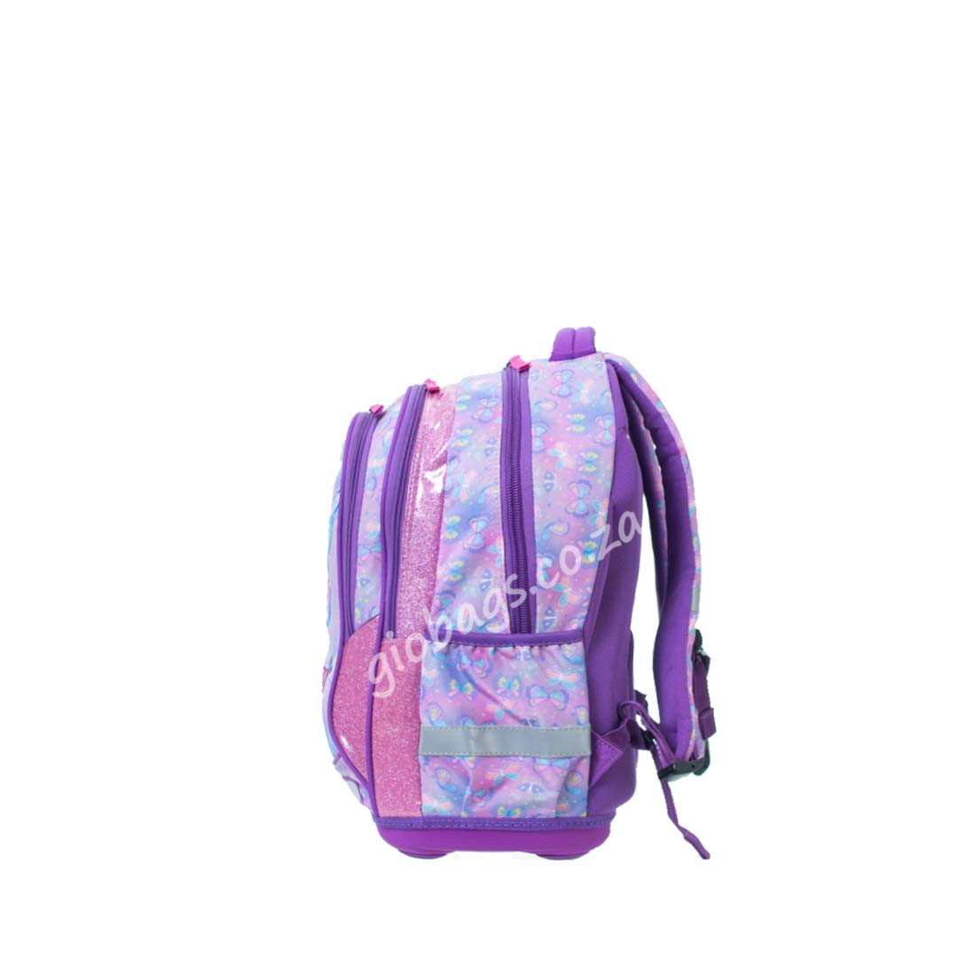A side view of a vibrant backpack featuring a fun graphic design, multiple zippers, and a glittery accent.