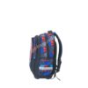 Side view of a stylish backpack featuring vibrant blue, red, and black patterns, showcasing multiple zippers and a sleek design.