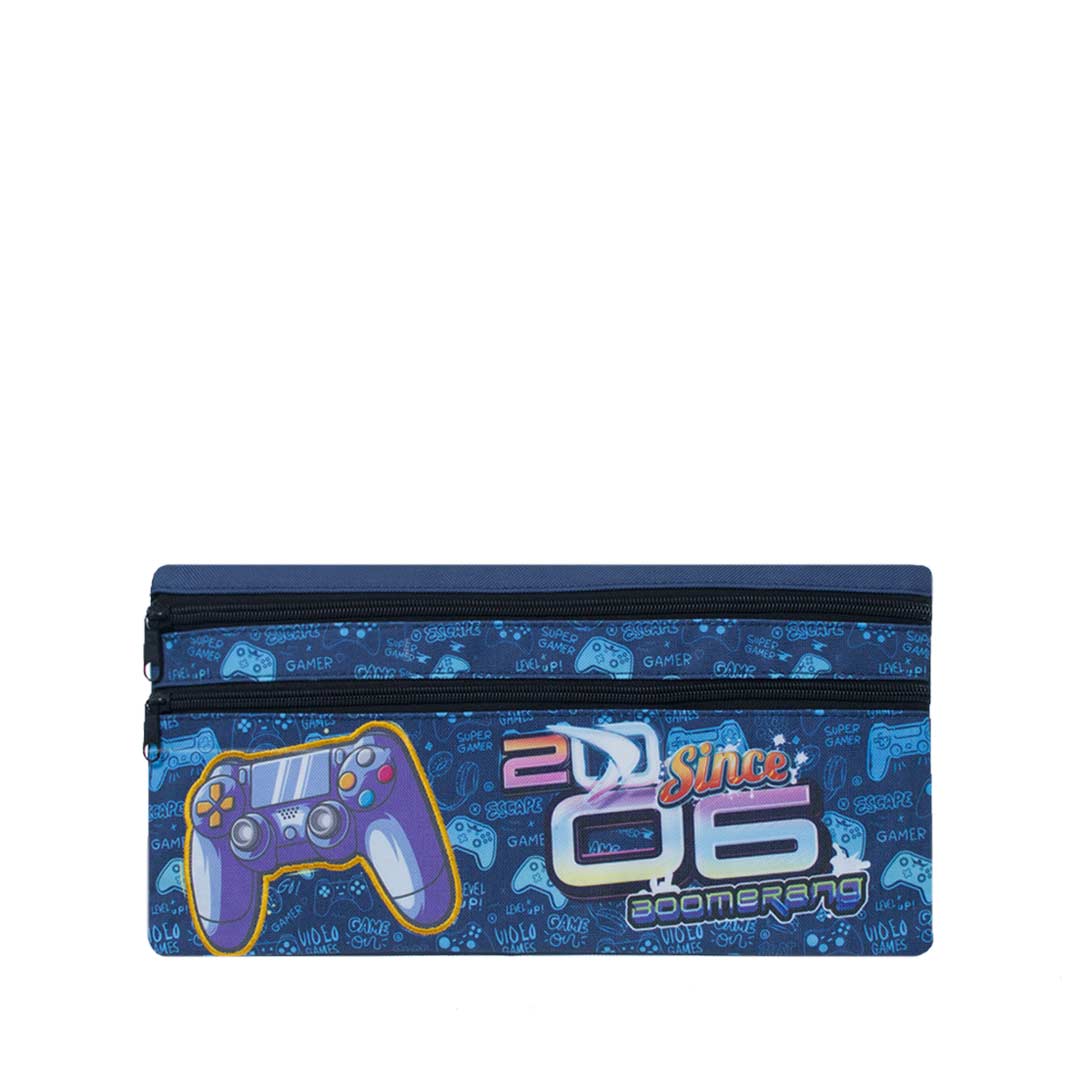 A Boomerang 34cm Pencil Case | Gamer featuring a game controller design and text celebrating gaming culture, with two zippered compartments.