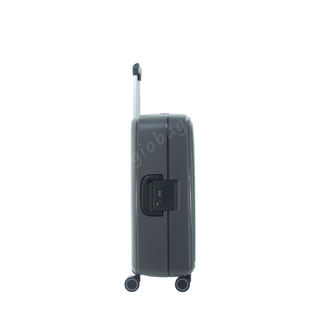 Side view of a sleek Travelmate Large Hard Shell Suitcase | L-355 with a retractable handle and wheels.