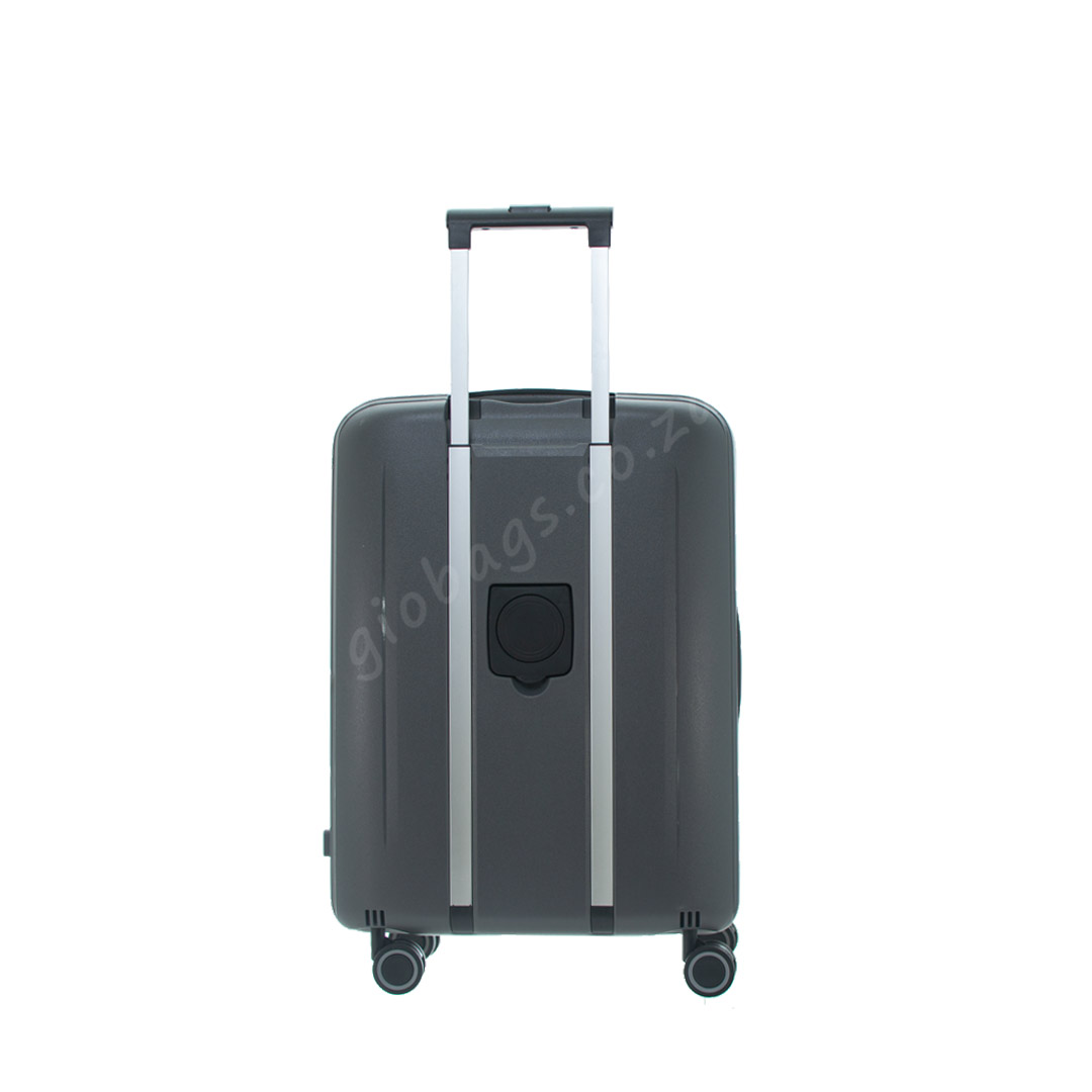 A rear image of sleek travelmate hard shell suitcase L-355 with a retractable handle and four wheels, and a cupholder perfect for travel