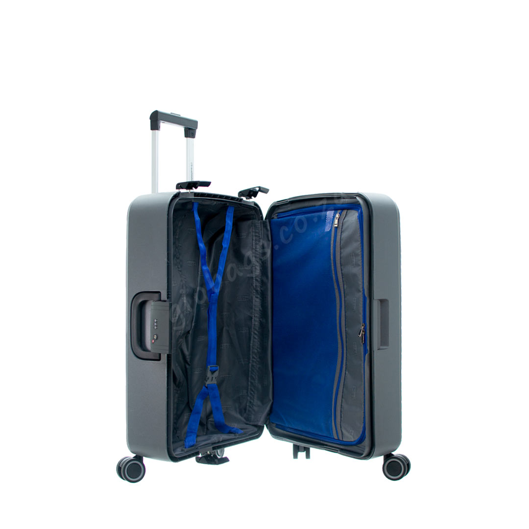 Open Travelmate Hard Shell Suitcase | L-355 featuring a sleek exterior and blue interior with organizational straps.