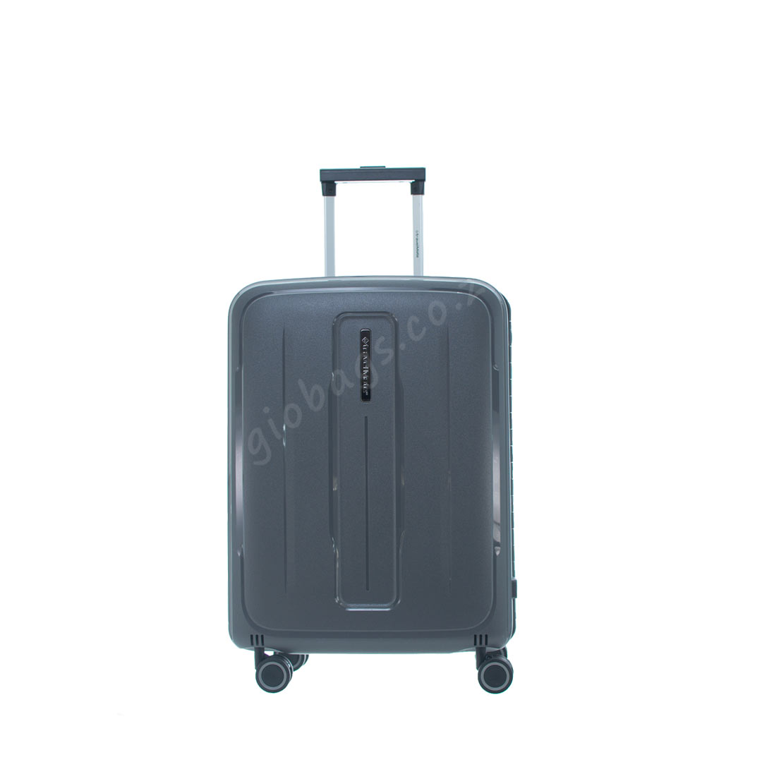 A sleek gray hard-shell suitcase with a retractable handle and four wheels, designed for travel convenience.