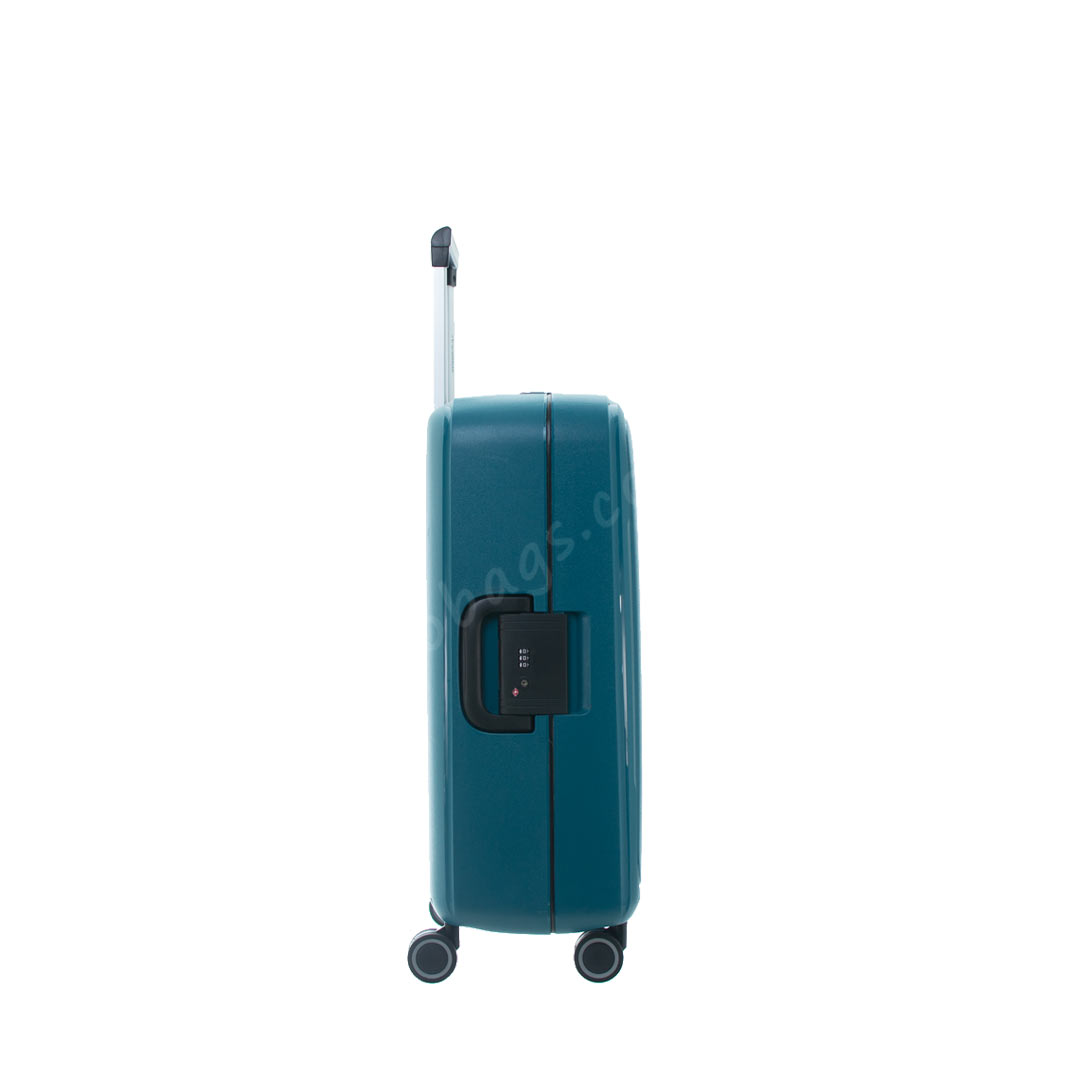 Side view of a sleek Travelmate Large Hard Shell Suitcase | L-355 with a retractable handle and wheels. combination lock.