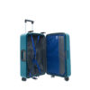 Open teal suitcase showcasing interior compartments and straps for secure packing.