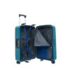 An open teal rolling suitcase showcasing its interior with straps and compartments for organized packing.