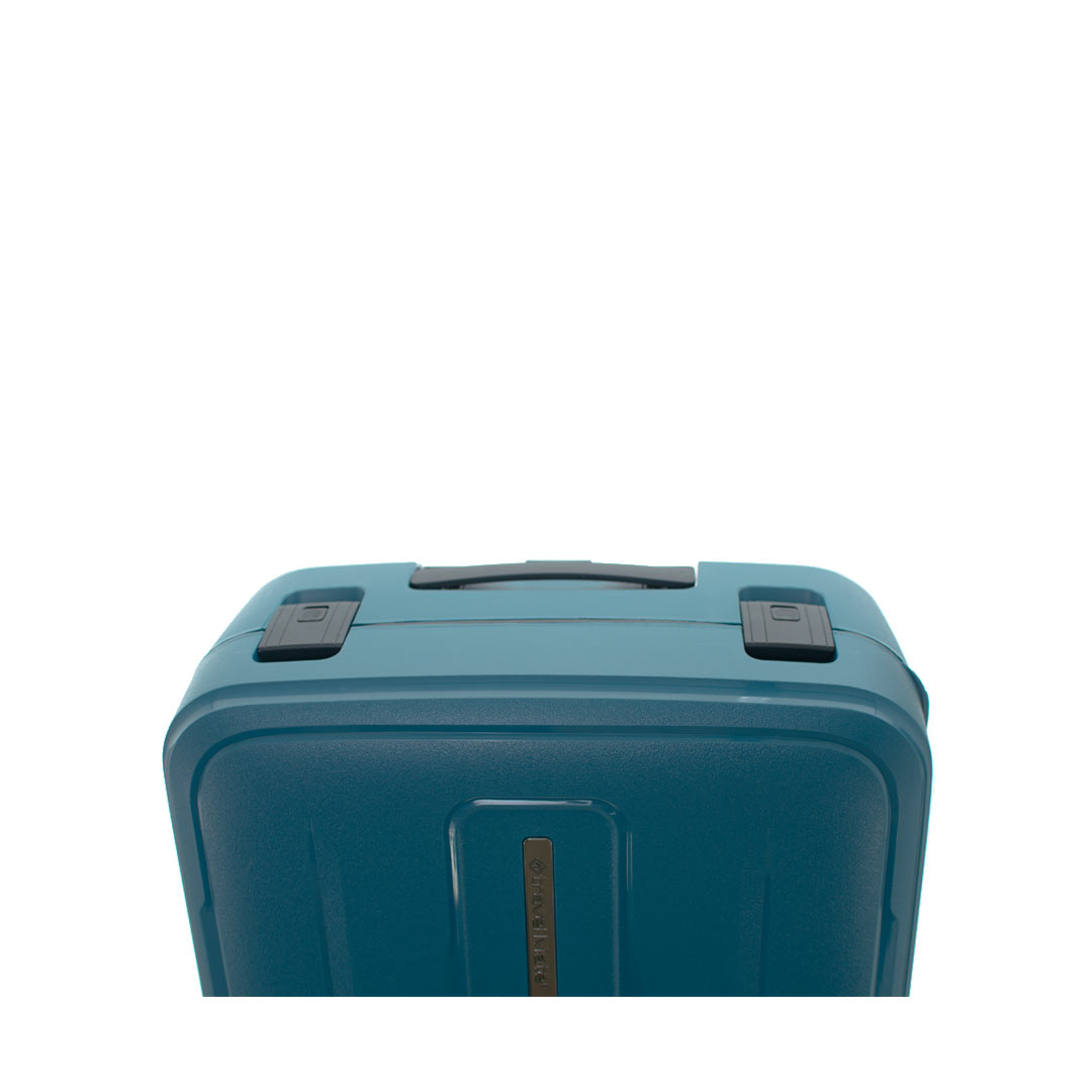 Close-up of a teal suitcase showcasing its top handle and locking mechanism.