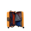A vibrant orange suitcase with wheels, shown open to reveal its spacious interior featuring multiple compartments and color-coded straps for organizing belongings.